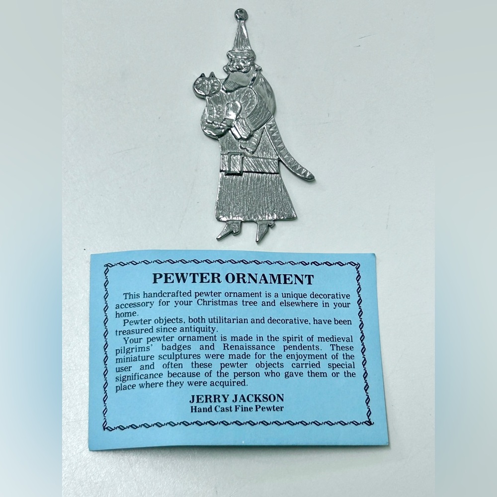 1990s Vtg Jerry Jackson Artist Signed Solid Fine Pewter Santa Claus with Cat